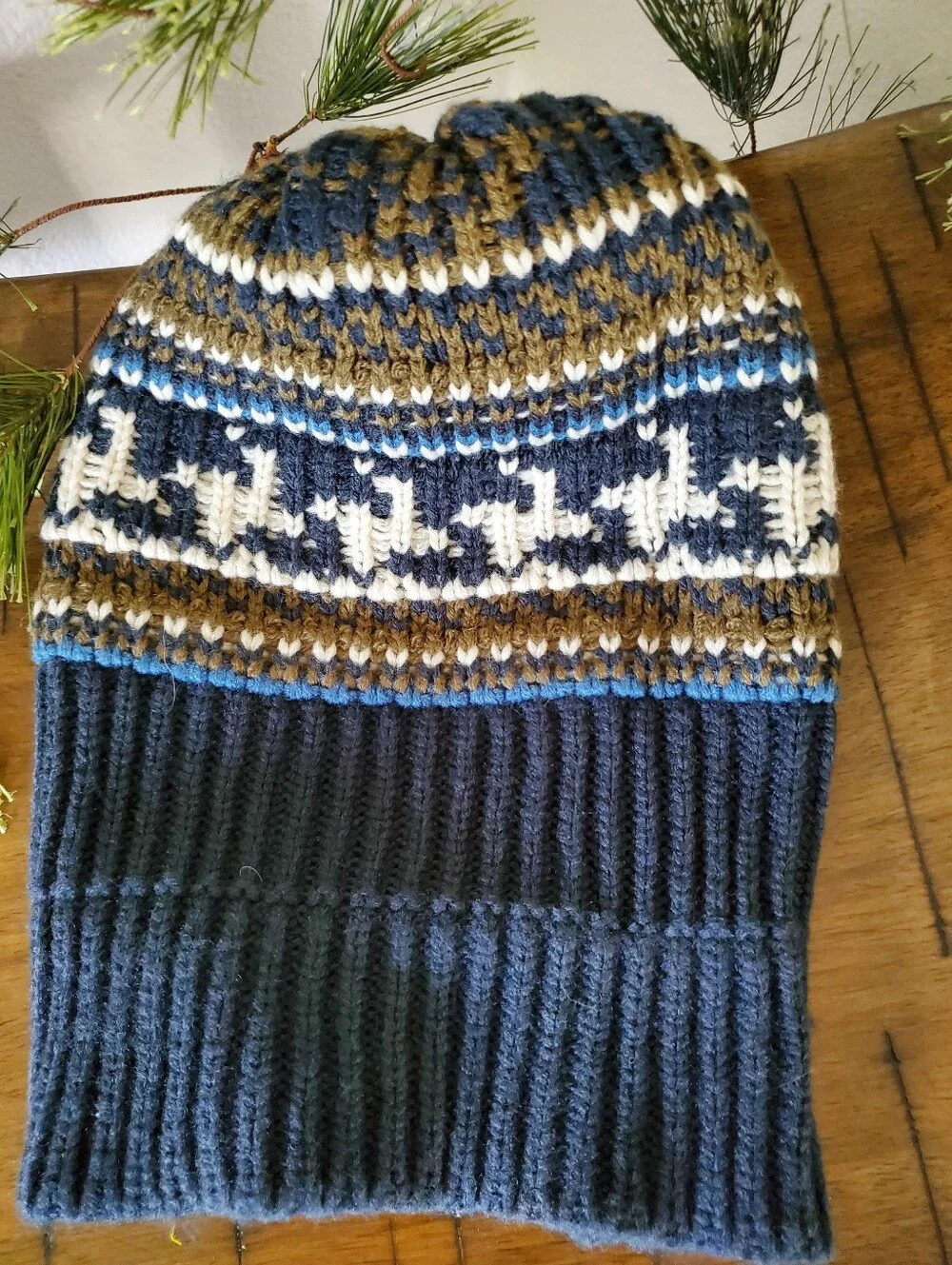The North Face Fair Isle Knit Beanie Hat Blue Pom Pom Unisex